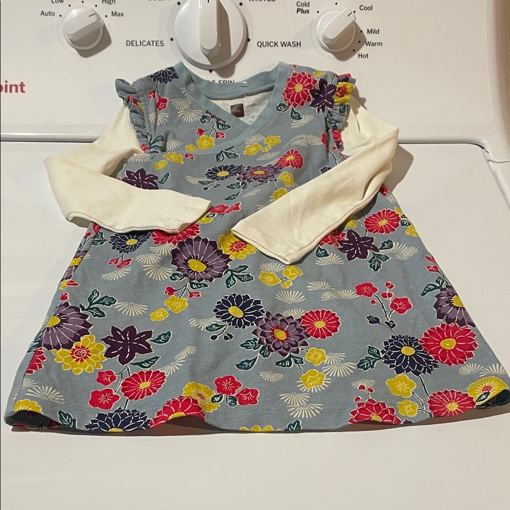 Girls Floral Layered-Look Dress with Cream Long Sleeves — Blue Base
